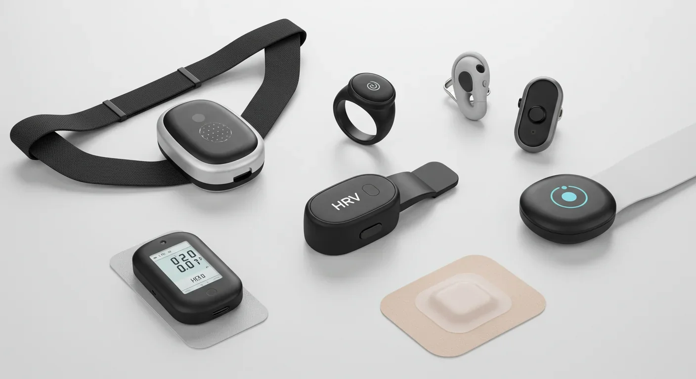 Collection of consumer HRV monitoring devices including chest straps, smart rings, and wearable sensors