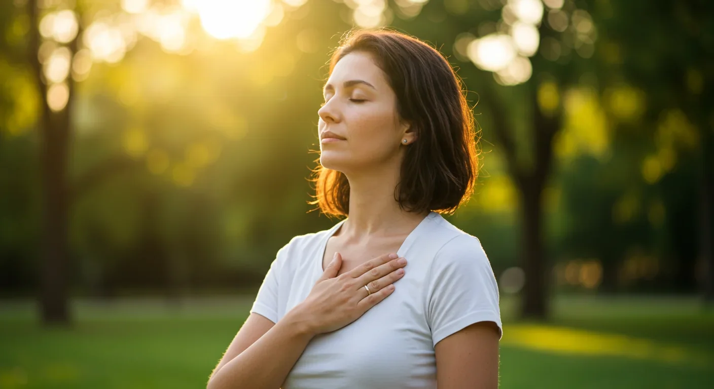 Woman practicing slow breathing exercise for HRV training and anxiety reduction in natural outdoor setting