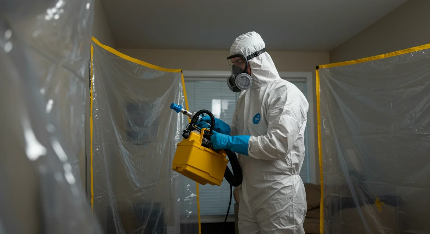 Professional mold remediation specialist using HEPA equipment and protective gear during cleanup