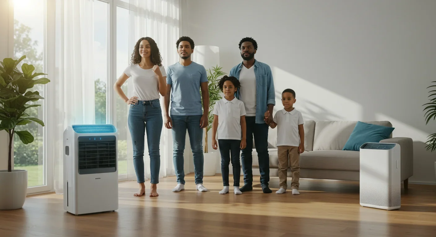 Happy family in clean, well-ventilated home with dehumidifier and air purifier ensuring healthy indoor air