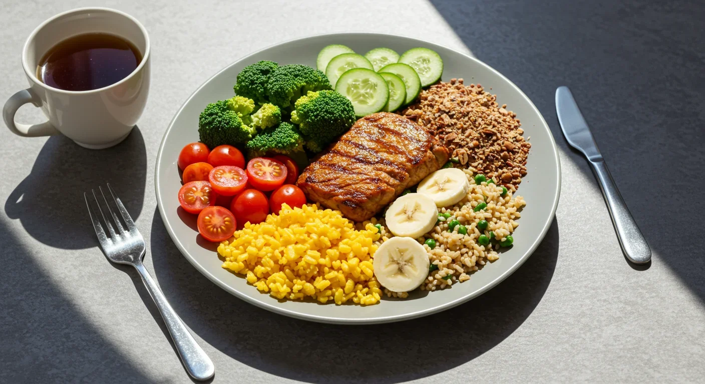 Balanced healthy meal demonstrating caloric restriction for longevity