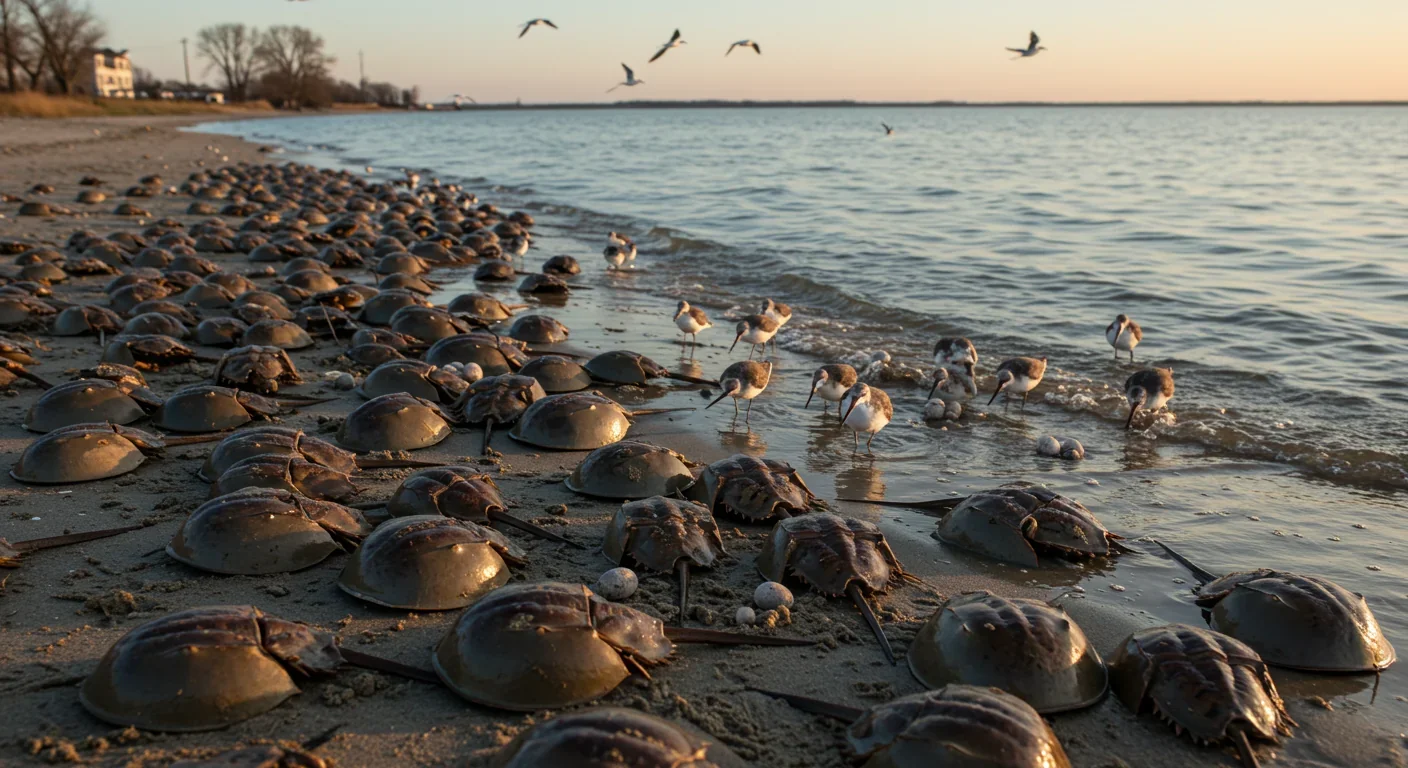 Horseshoe crabs gathering on Atlantic beach during spawning season, a critical time when biomedical harvesting occurs