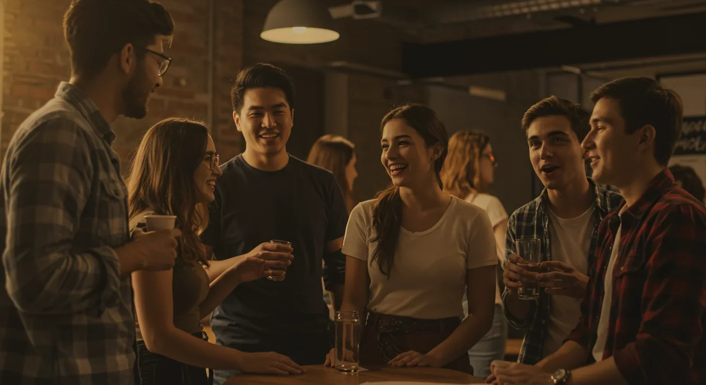 Group of diverse young adults engaged in natural social interaction and conversation