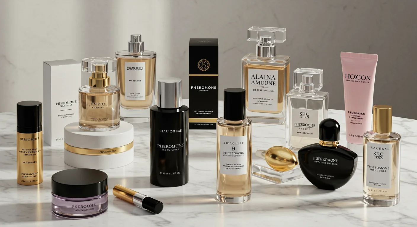 Collection of commercial pheromone perfume products and fragrance bottles on marble surface