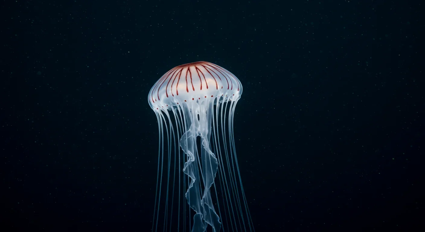 Transparent immortal jellyfish Turritopsis dohrnii with visible tentacles floating in dark ocean water