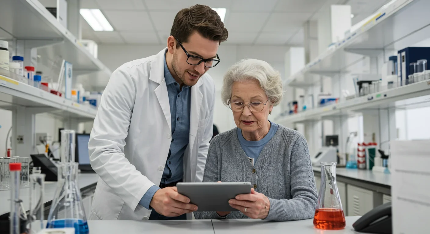 Elderly researcher and young scientist collaborating on aging research data in modern laboratory setting