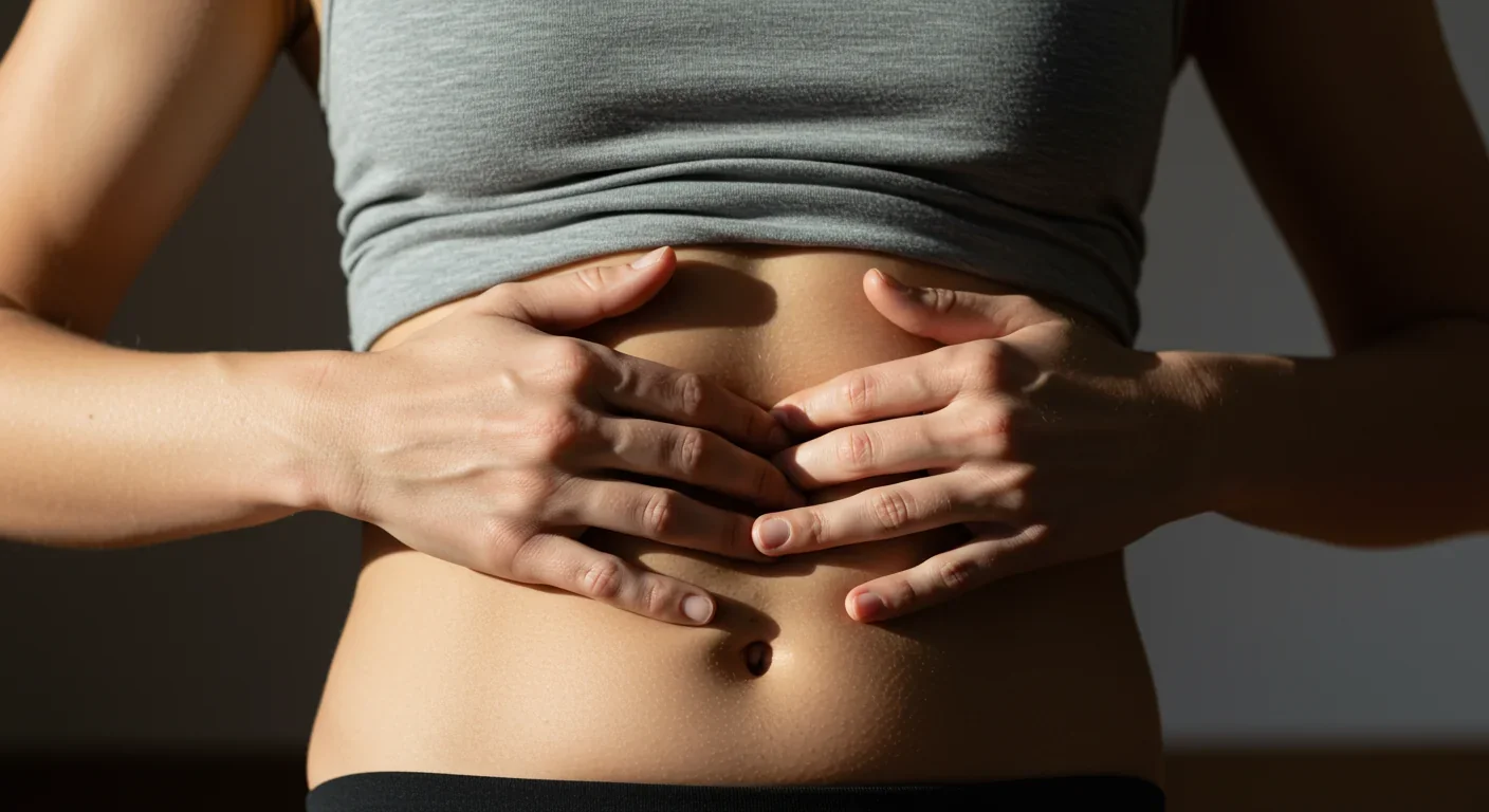 Hands resting on abdomen during focused breathing exercise for interoceptive training