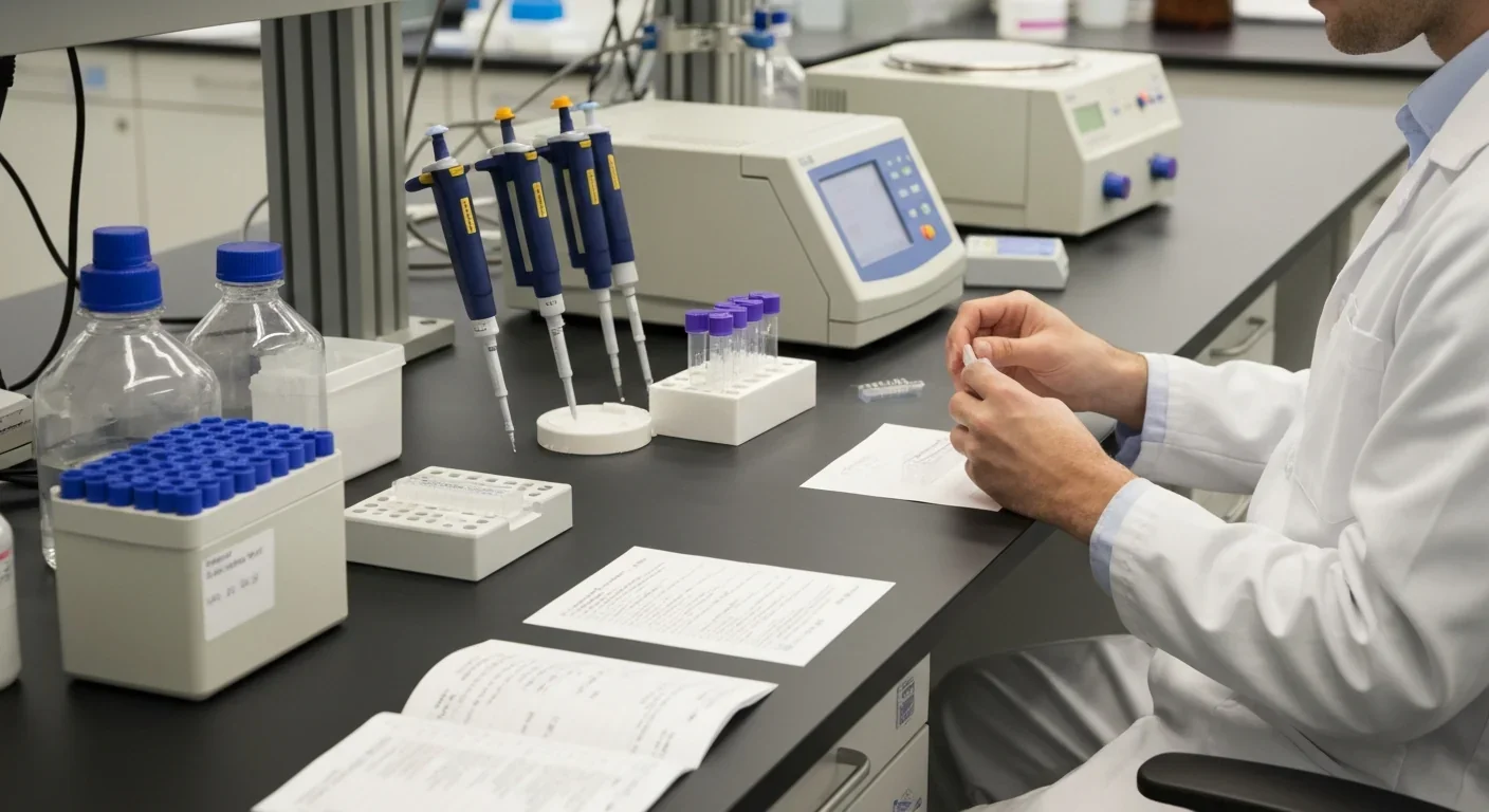 Molecular biology laboratory equipment and researcher conducting experiments