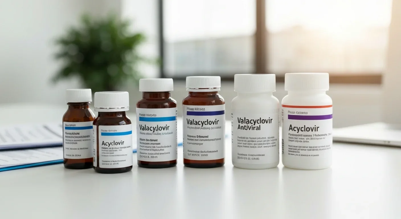 Bottles of valacyclovir and acyclovir antiviral prescription medications