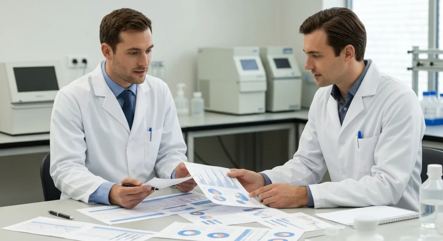 Two researchers collaborating and reviewing scientific data in medical laboratory