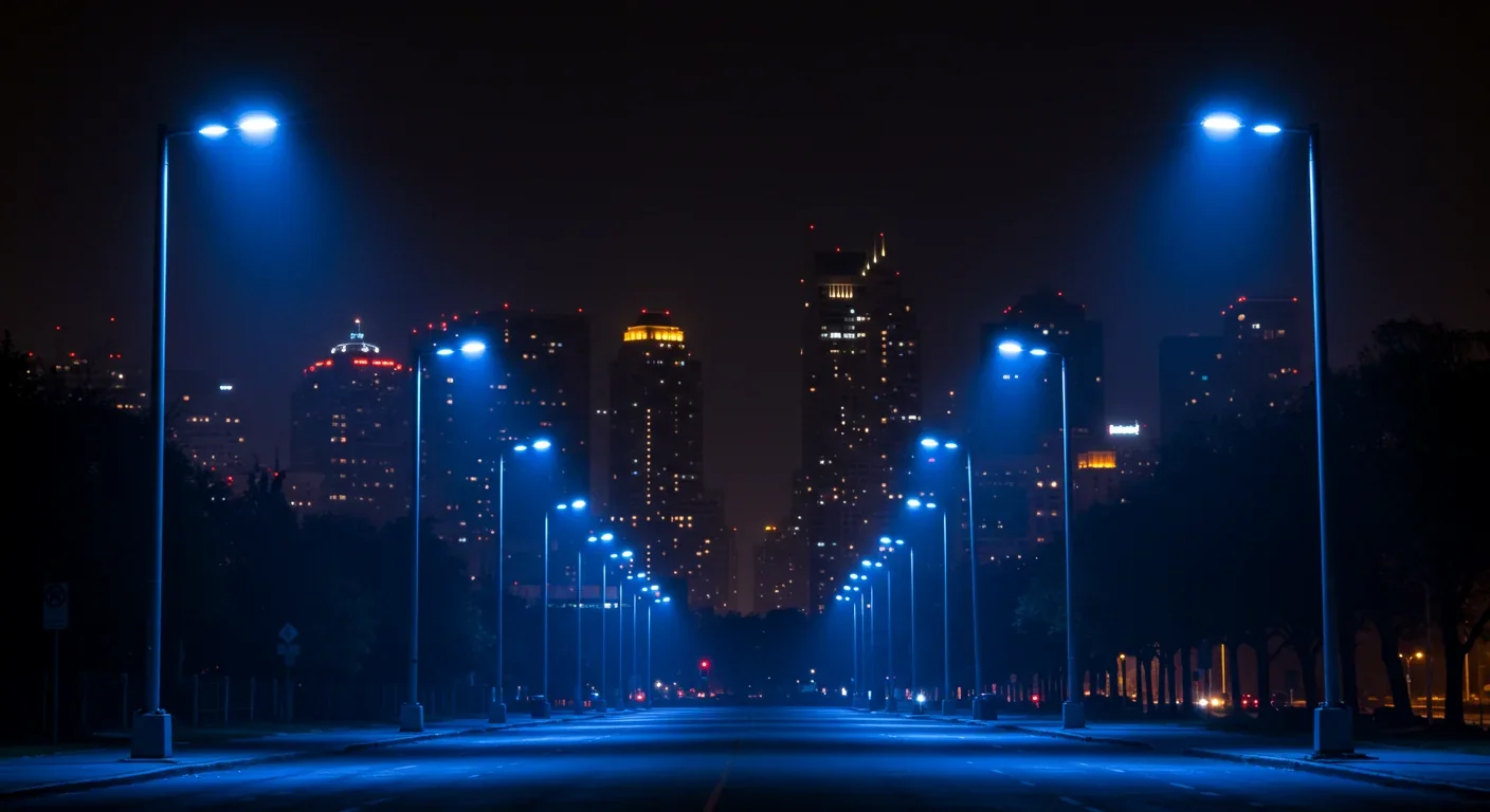 Urban cityscape at night with bright blue LED streetlights creating light pollution against dark sky