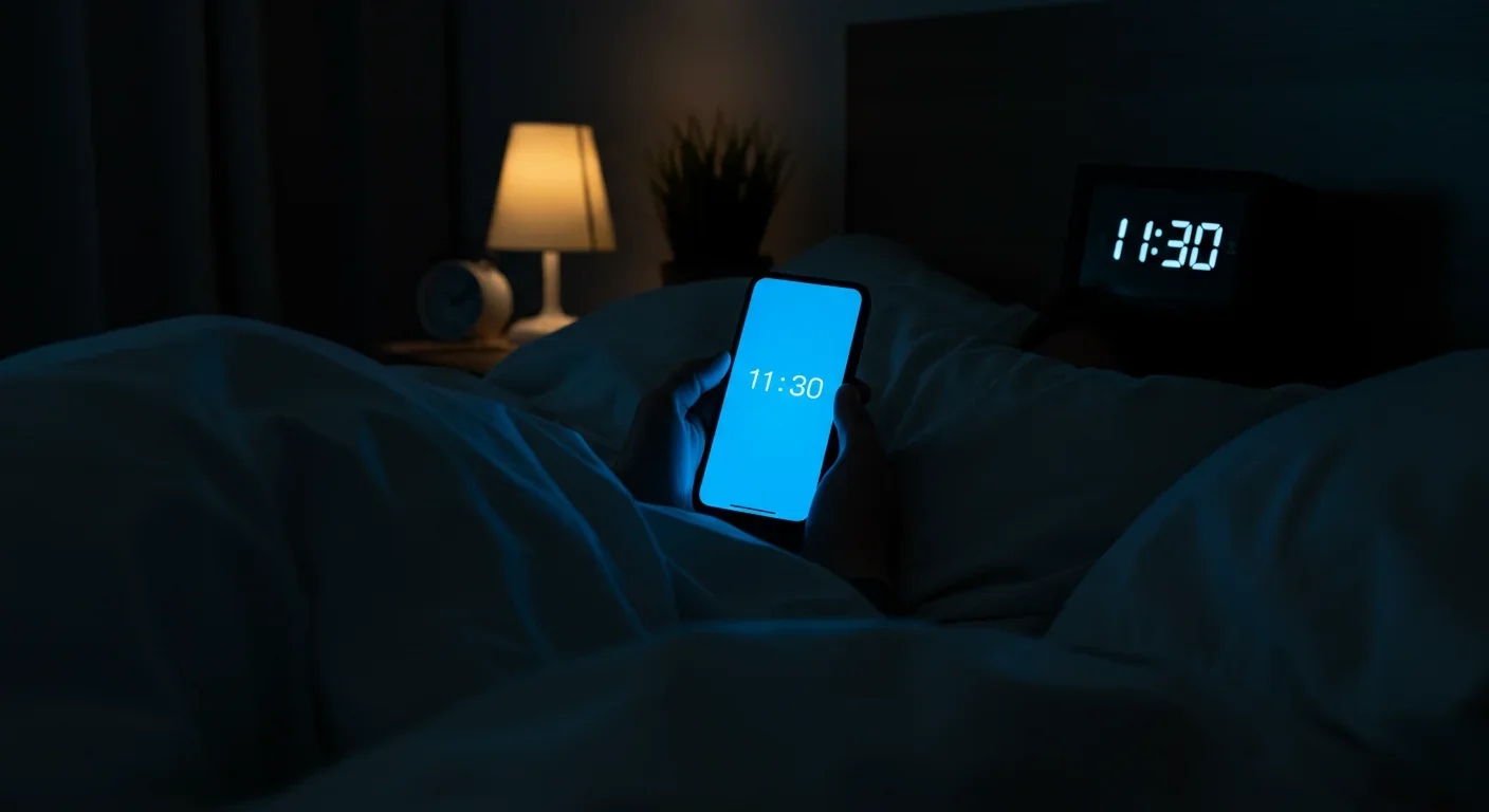 Person using smartphone in bed late at night with blue screen glow illuminating face
