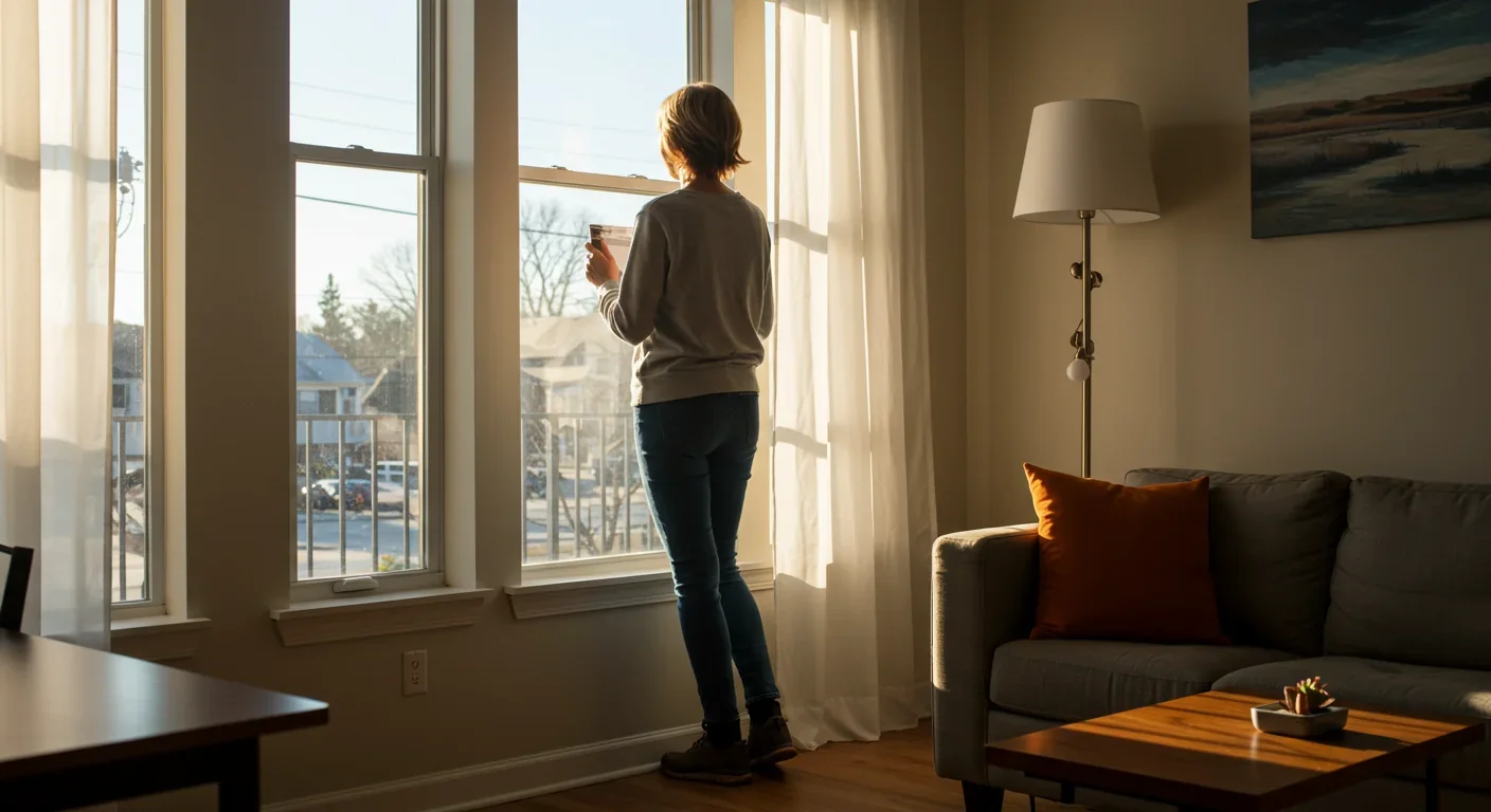 Person standing near window receiving morning sunlight to support healthy cortisol rhythm