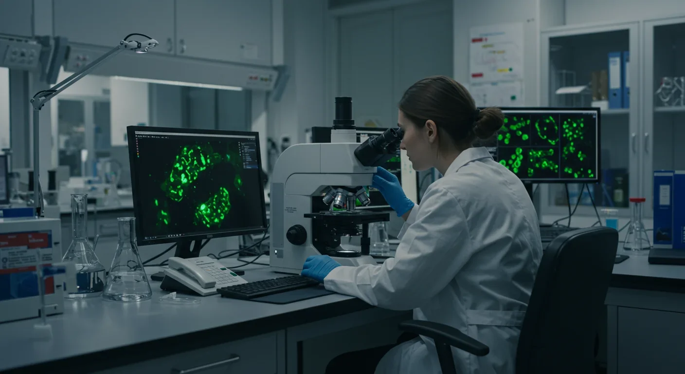 Scientist examining cell membrane samples using advanced microscopy in research laboratory