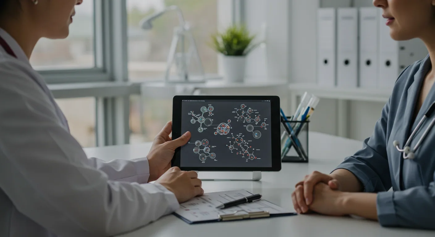 Doctor discussing personalized treatment approach with patient using cellular biology diagrams
