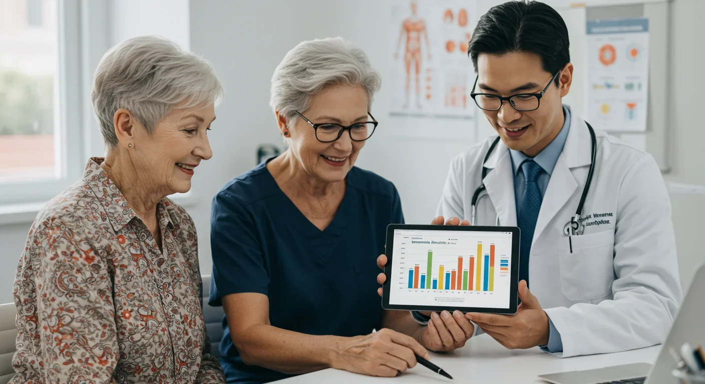 Physician discussing personalized membrane health biomarkers with patient using digital health monitoring tablet