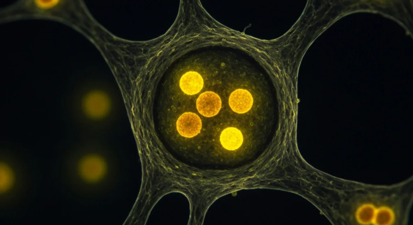 Fluorescent lipofuscin deposits visible in neuron under microscope showing cellular aging