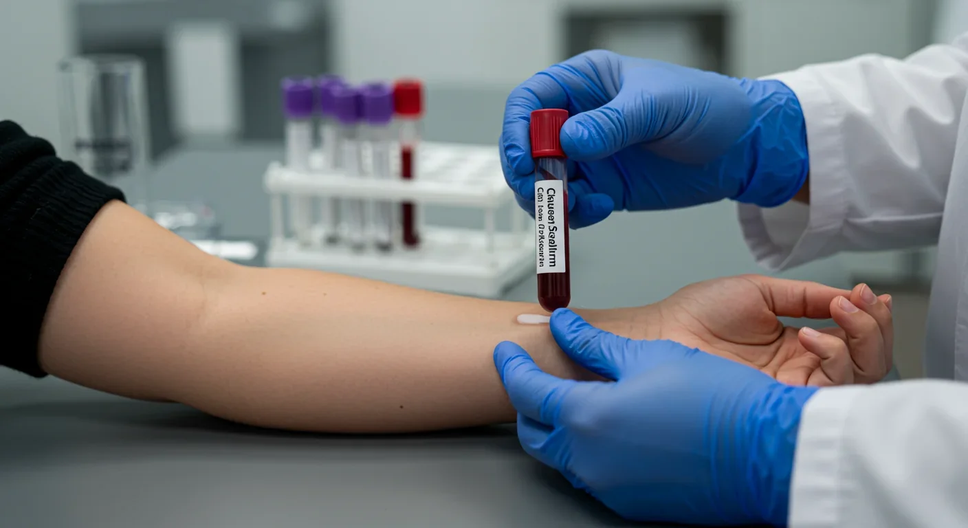 Medical professional drawing blood sample for liquid biopsy cancer screening test in clinical laboratory setting