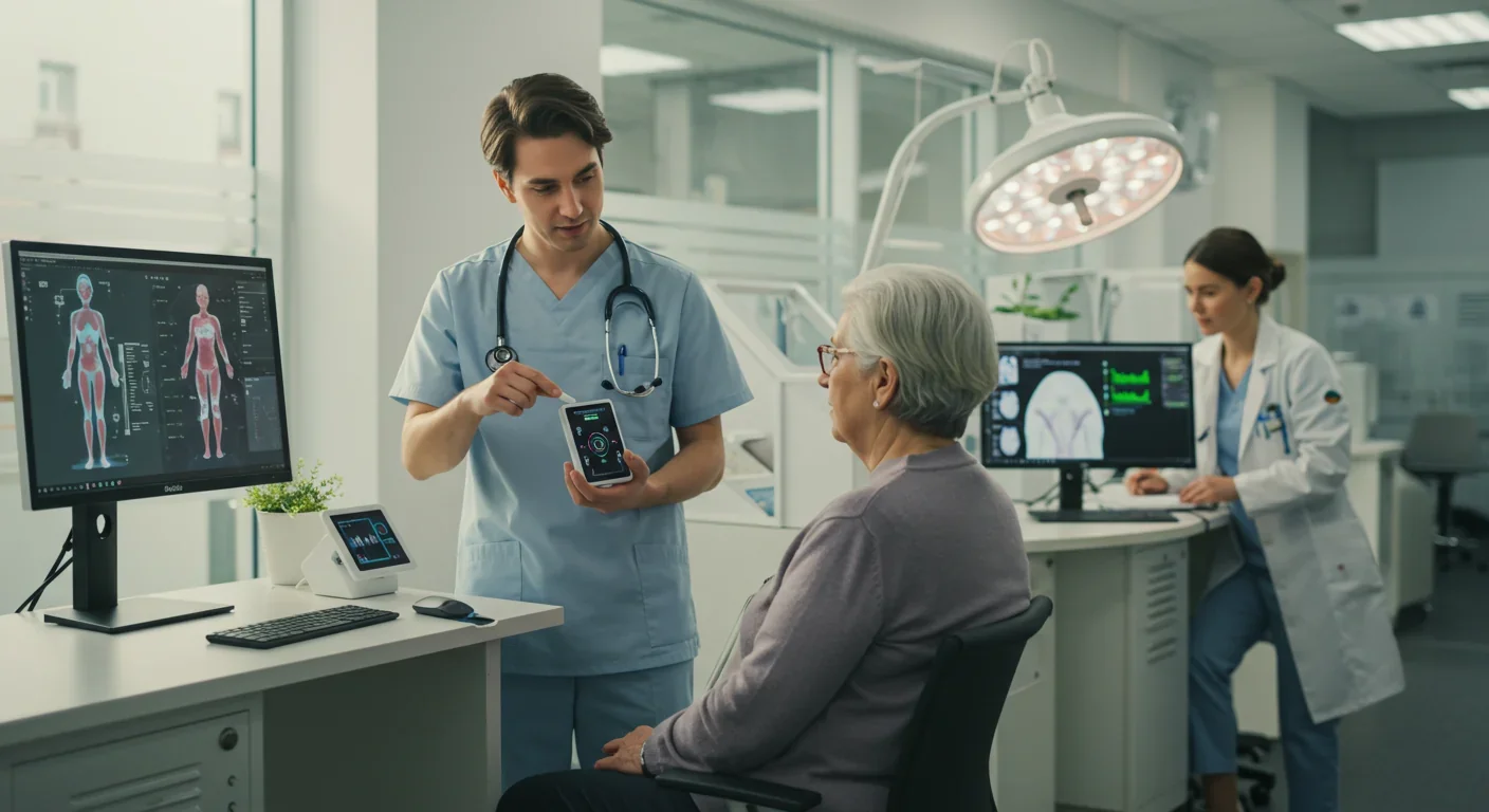 Doctor showing wearable health monitoring device to senior patient