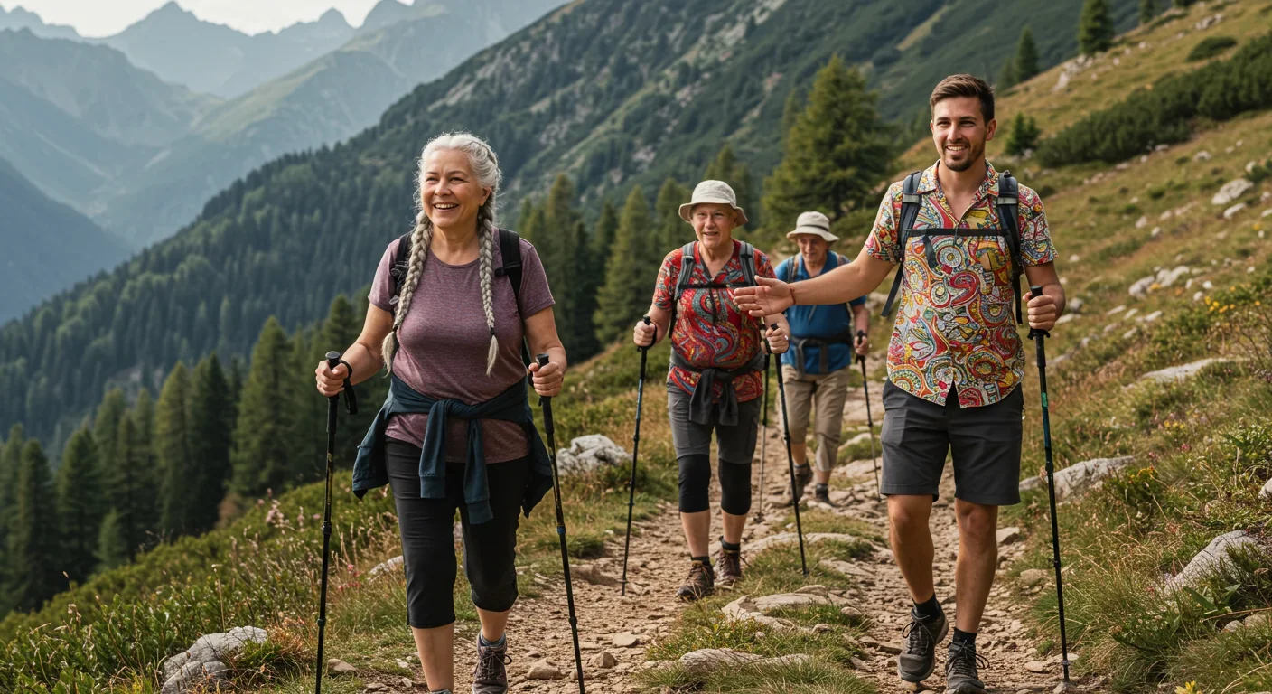 Senior travelers on guided adventure hiking expedition