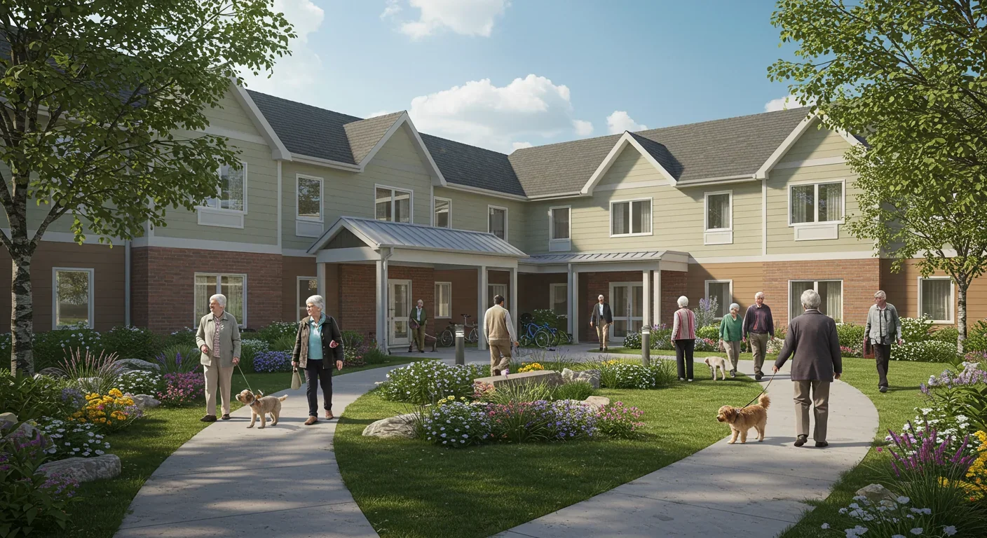 Modern senior living community with residents socializing in accessible outdoor spaces and contemporary architecture