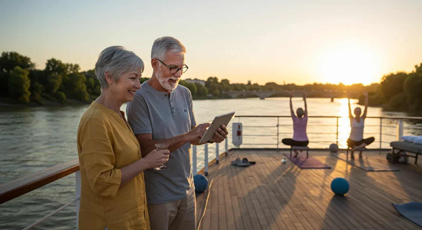 Senior couple planning travel on tablet aboard luxury river cruise with other active retirees enjoying wellness activities