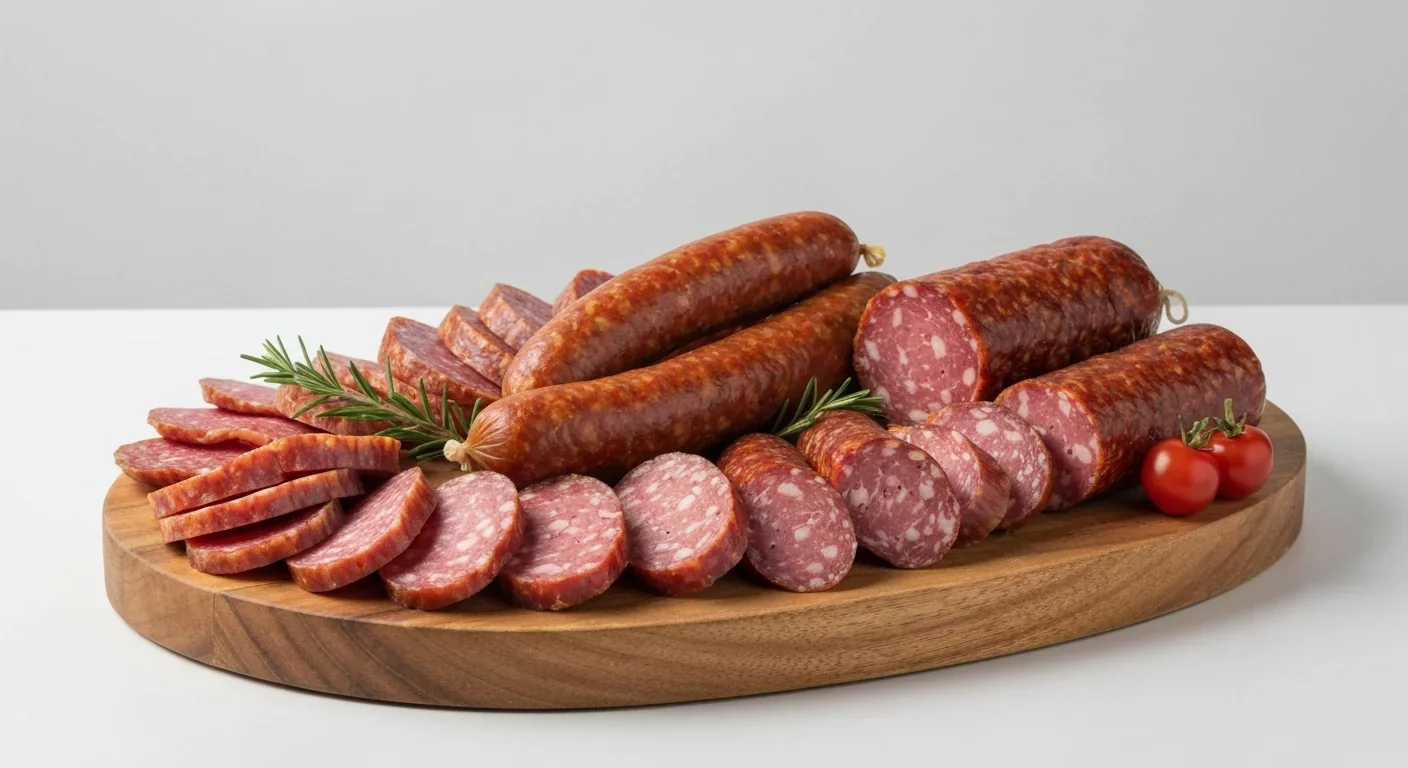 Selection of European-style cured meats and sausages with varying preservation methods