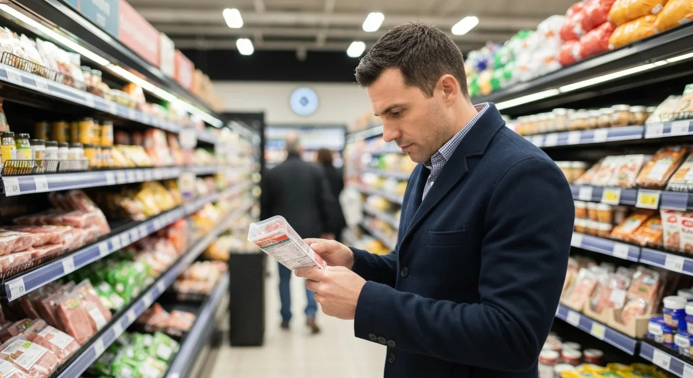 Adult consumer reading nutrition labels while shopping for meat products in grocery store
