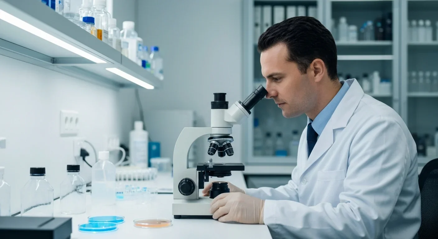Researcher in a white coat examines samples under a microscope in a modern laboratory