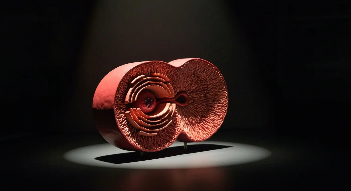 Detailed model of a mitochondrion displayed in a science museum with inner membrane folds visible