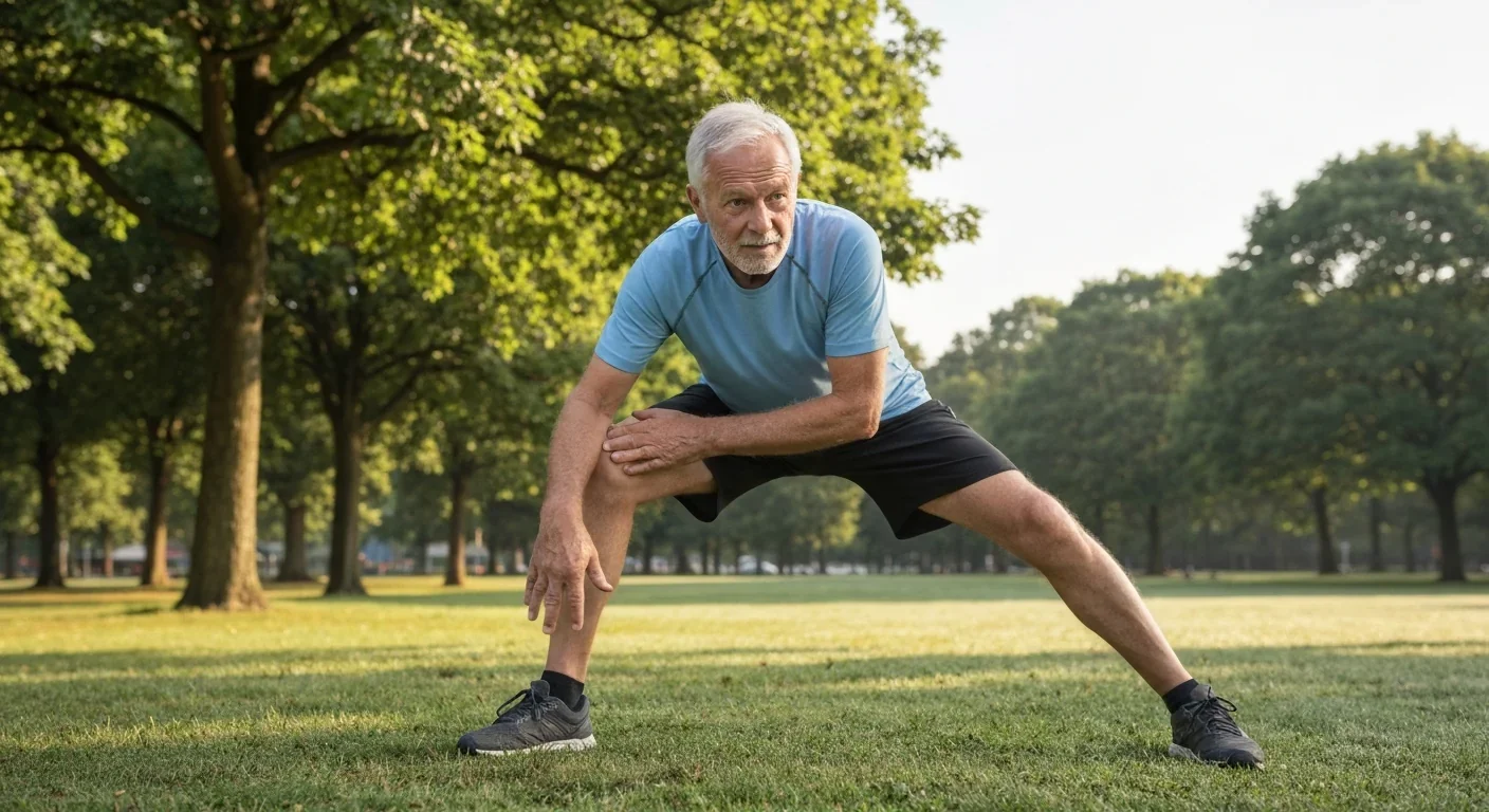 Older adult man stretching outdoors in a park on a sunny morning surrounded by green trees