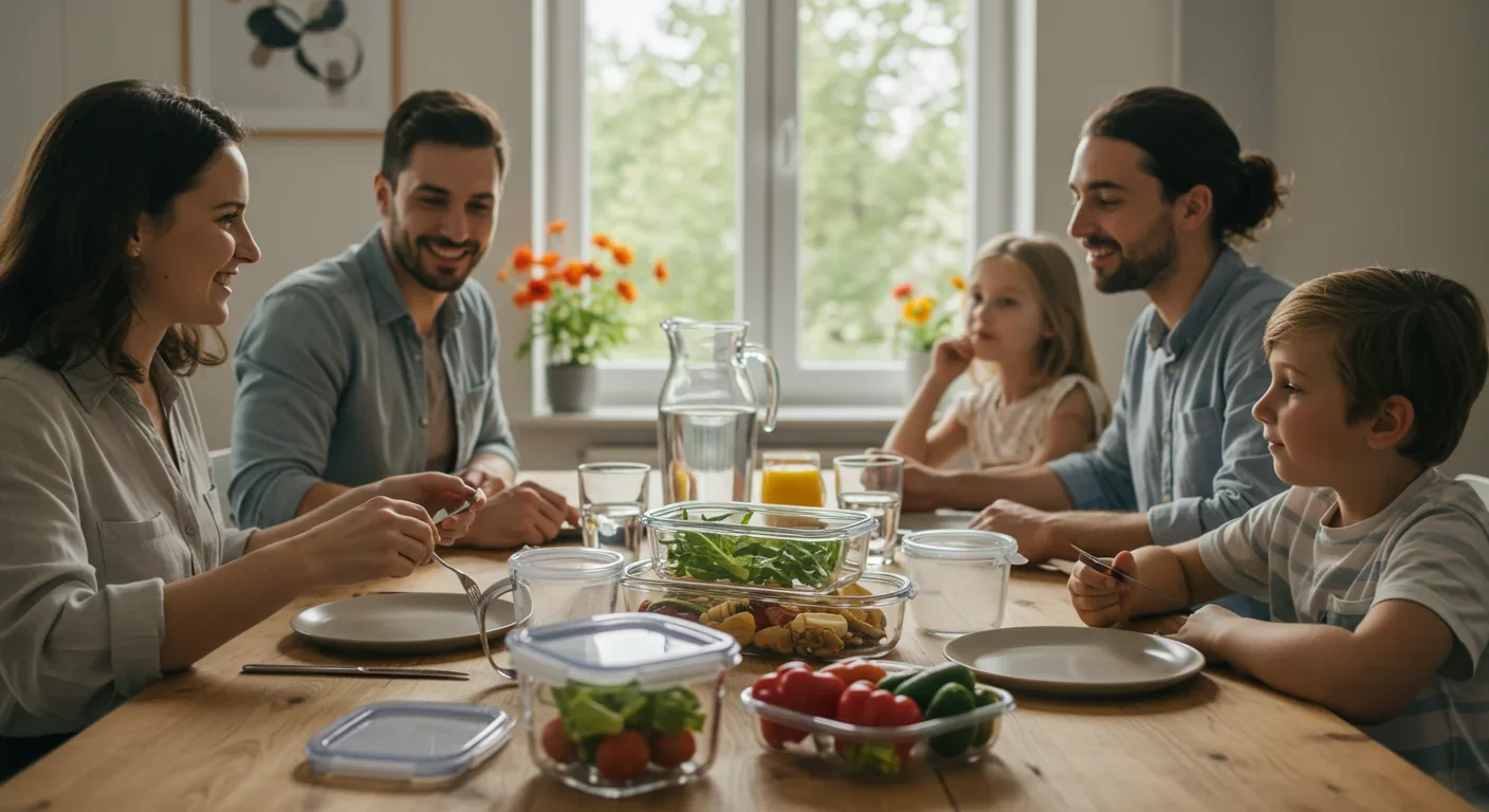 Reusable glass and steel containers replacing single-use plastics in home kitchen