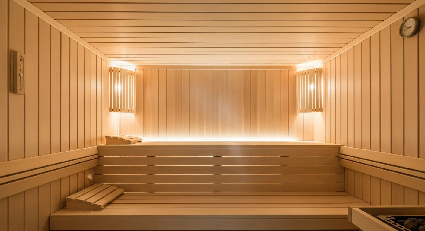 Modern sauna interior showing wooden benches and warm ambient lighting for heat stress therapy
