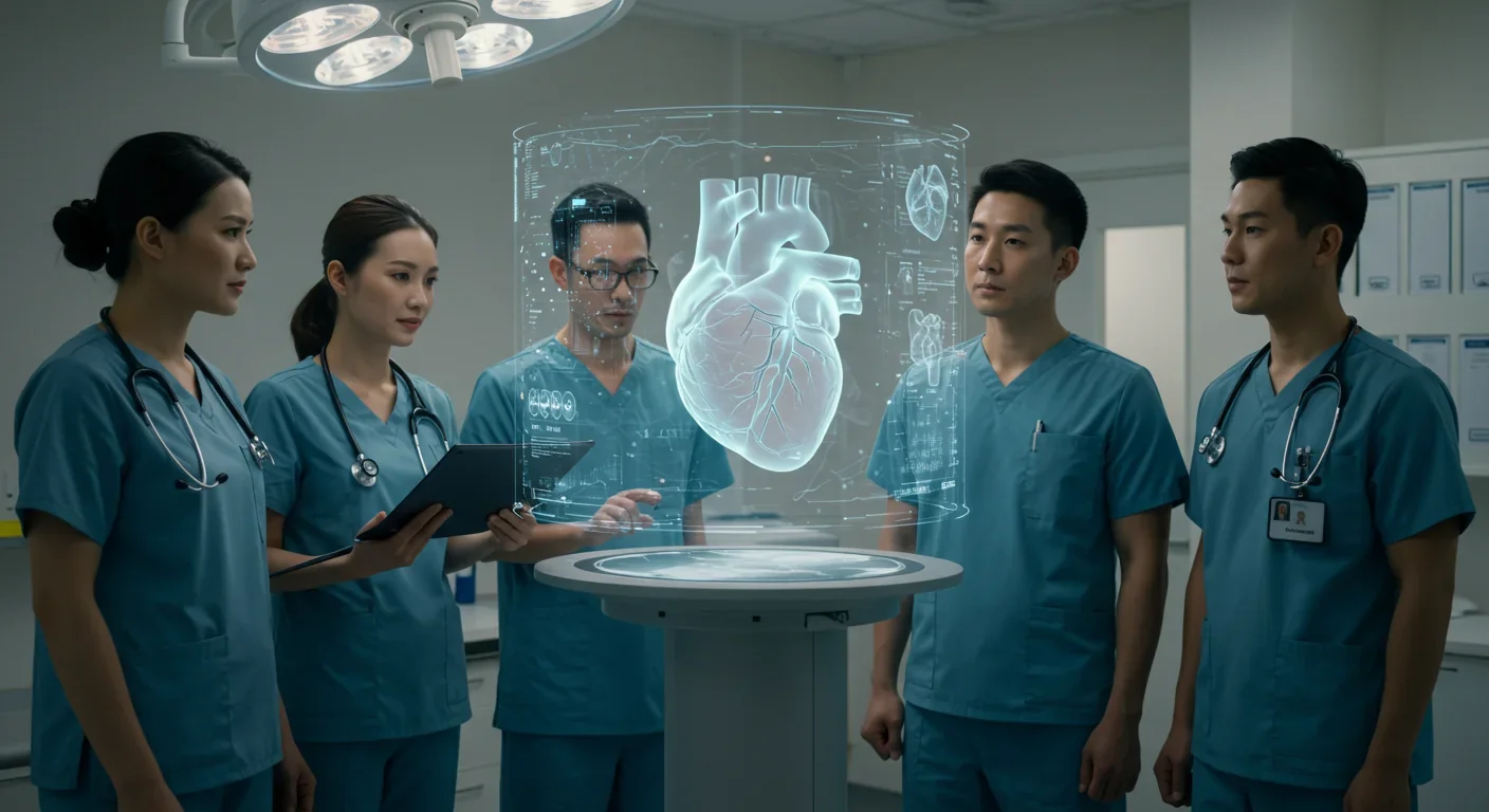 Medical team reviewing holographic cardiac imaging to plan mitochondrial transplantation procedure