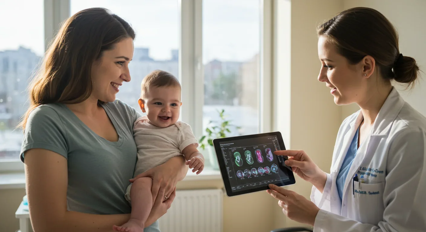 Mother with healthy baby born via mitochondrial replacement therapy consulting with fertility specialist