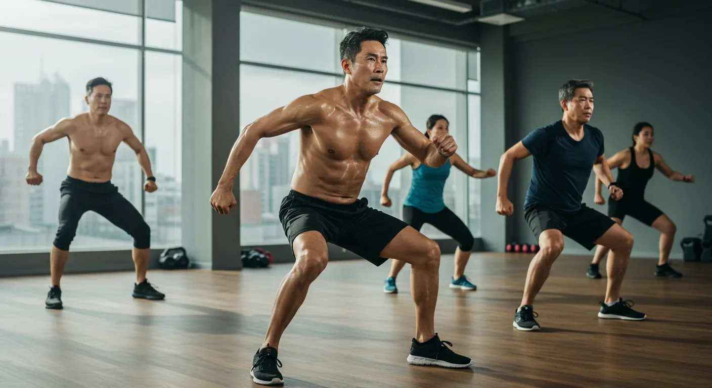 Diverse group of adults performing high-intensity interval training in a bright modern gym