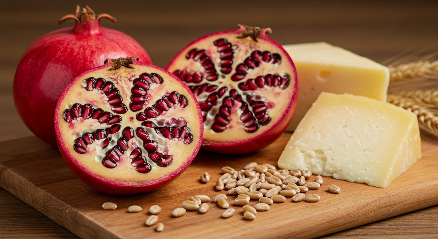 Fresh pomegranates, wheat germ, and aged cheese arranged on a wooden cutting board in natural lighting