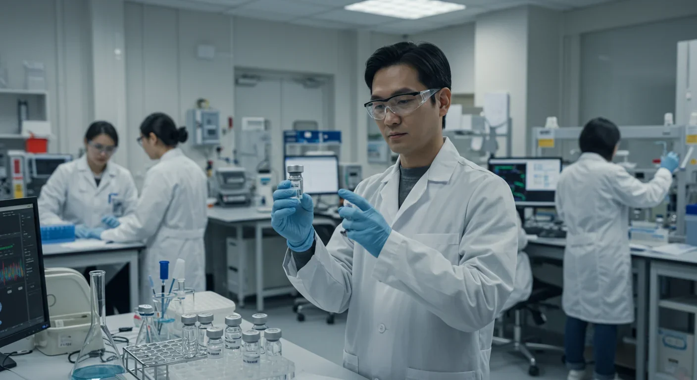 Scientist examining mRNA vaccine lipid nanoparticles in biotech laboratory