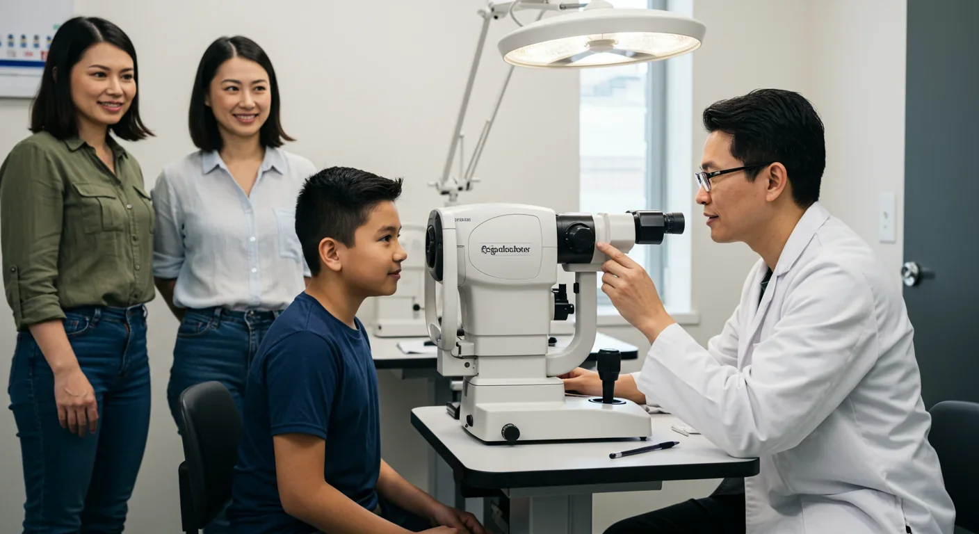 Eye care professional examining child's vision to detect and manage myopia progression early