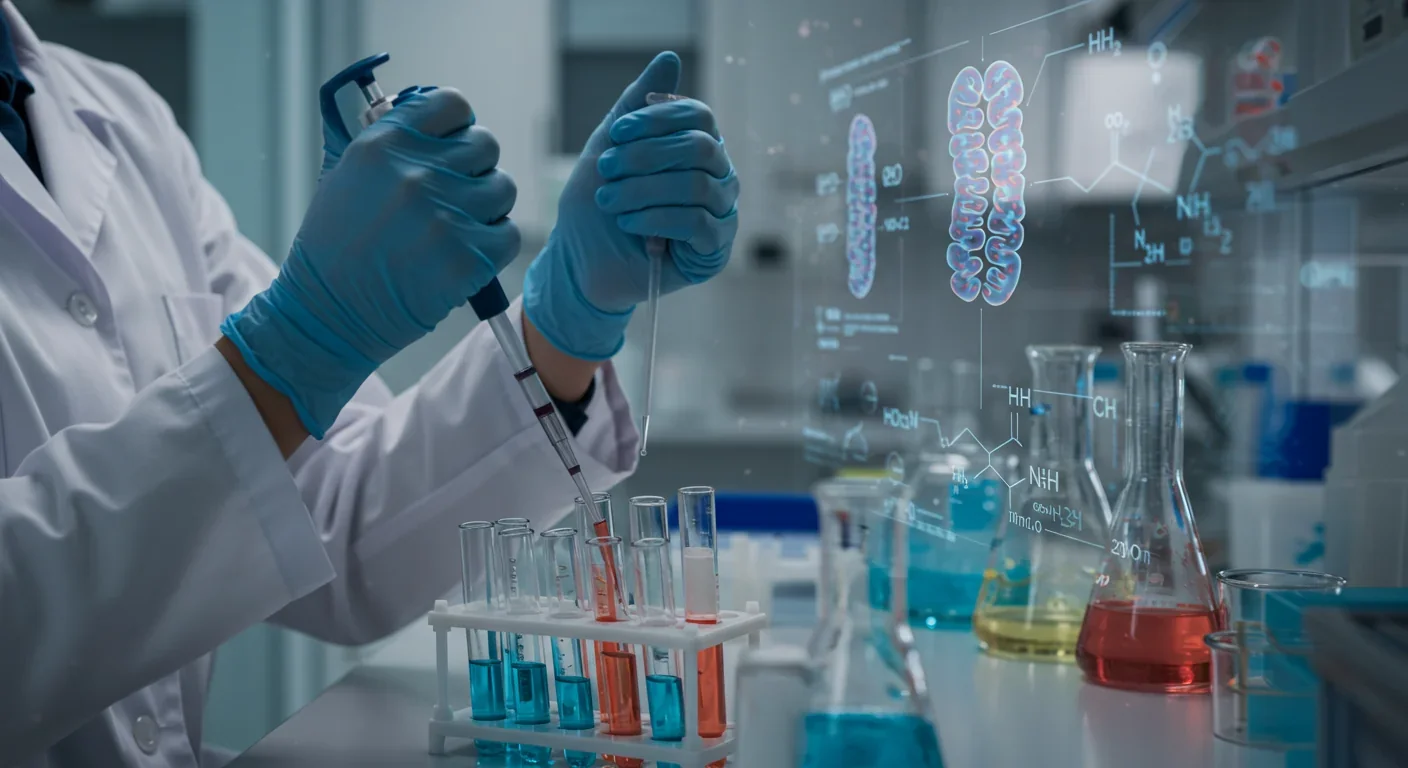 Laboratory scientist conducting NAD+ precursor research with test tubes and mitochondria imagery, illustrating cellular metabolism studies