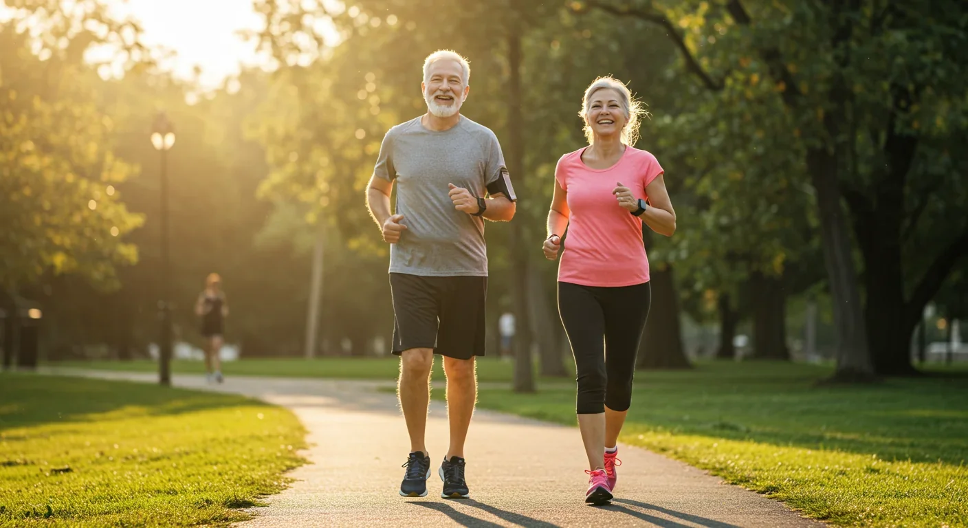 Active older couple jogging in park at sunrise, representing healthspan extension through lifestyle and NAD+ supplementation