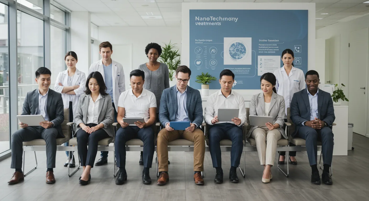 Doctor consulting patient with holographic display tracking nanoparticles in real-time