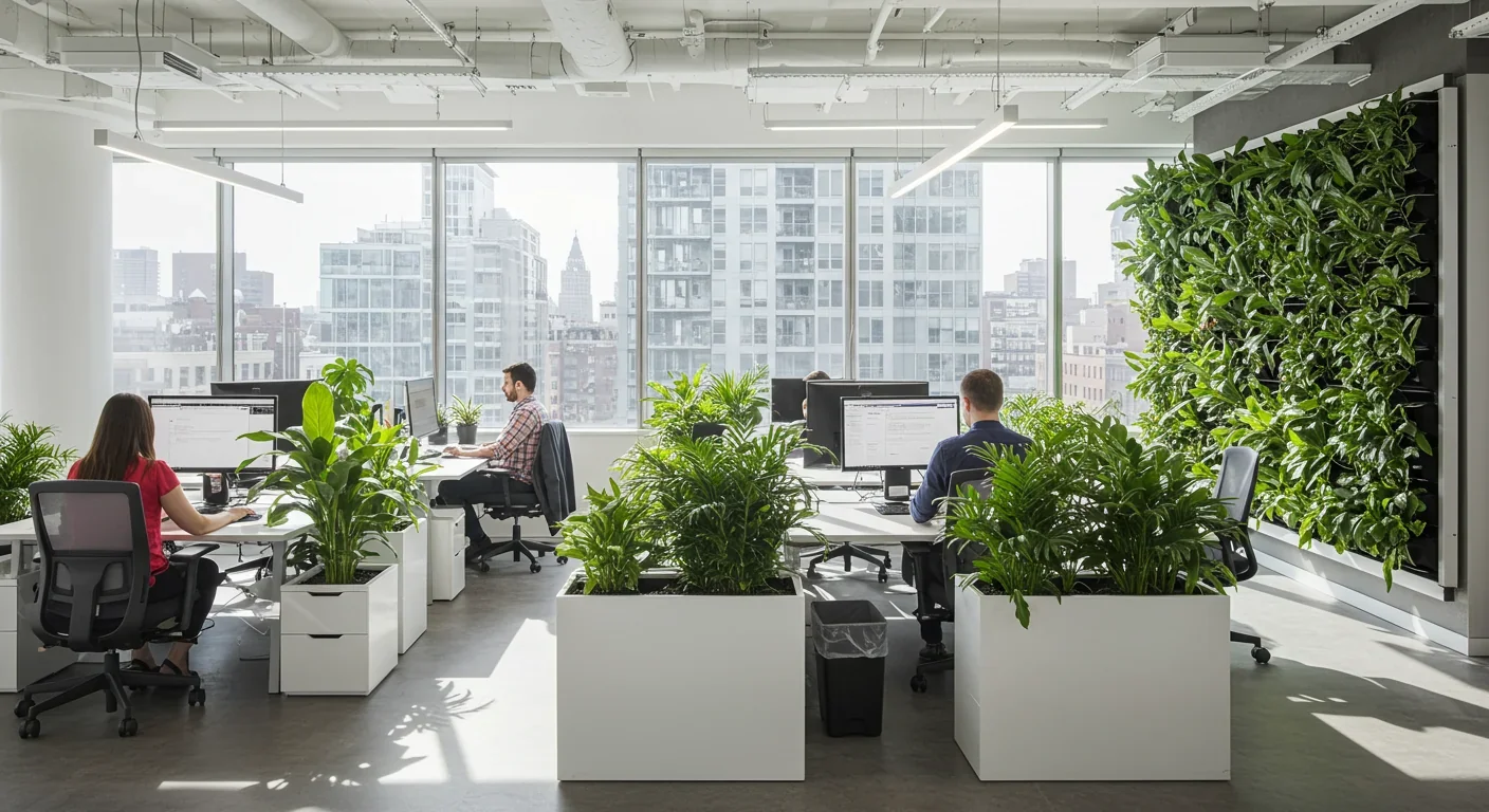 Modern office with abundant plants, natural light, and biophilic design elements showing workplace stress reduction strategies