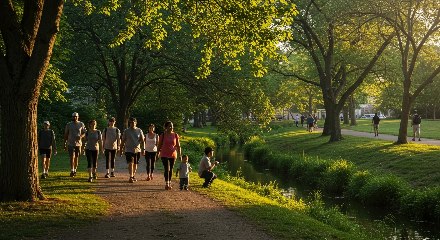 Diverse community members enjoying a guided nature walk on an urban trail, demonstrating accessible park prescription programs