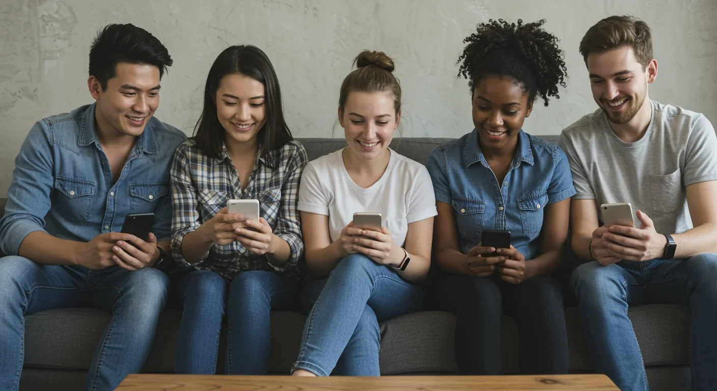 Group of friends on smartphones together, showing how digital technology activates the same brain reward circuits as human attachment