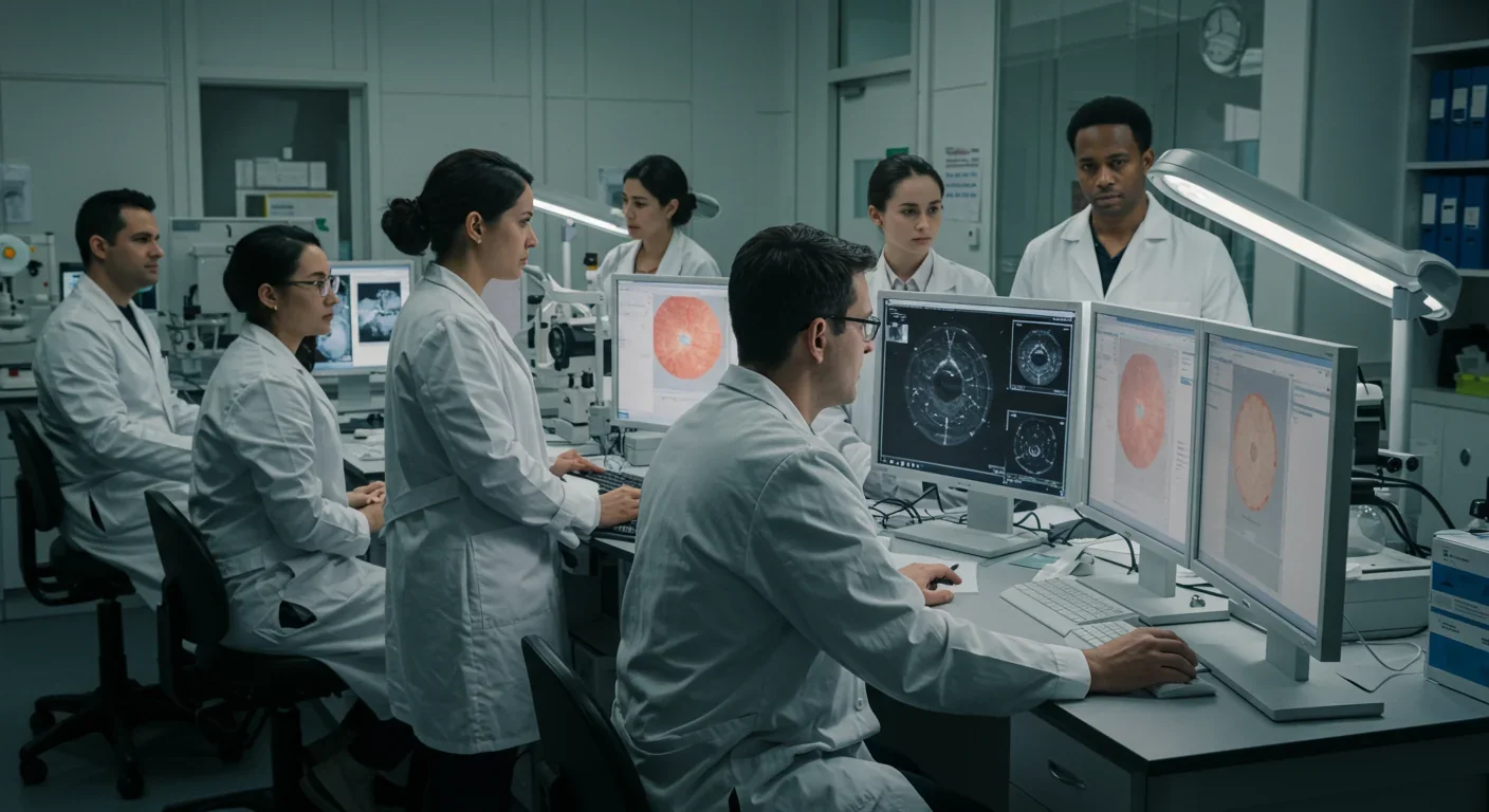 Research team analyzing retinal imaging data from optogenetic therapy clinical trials