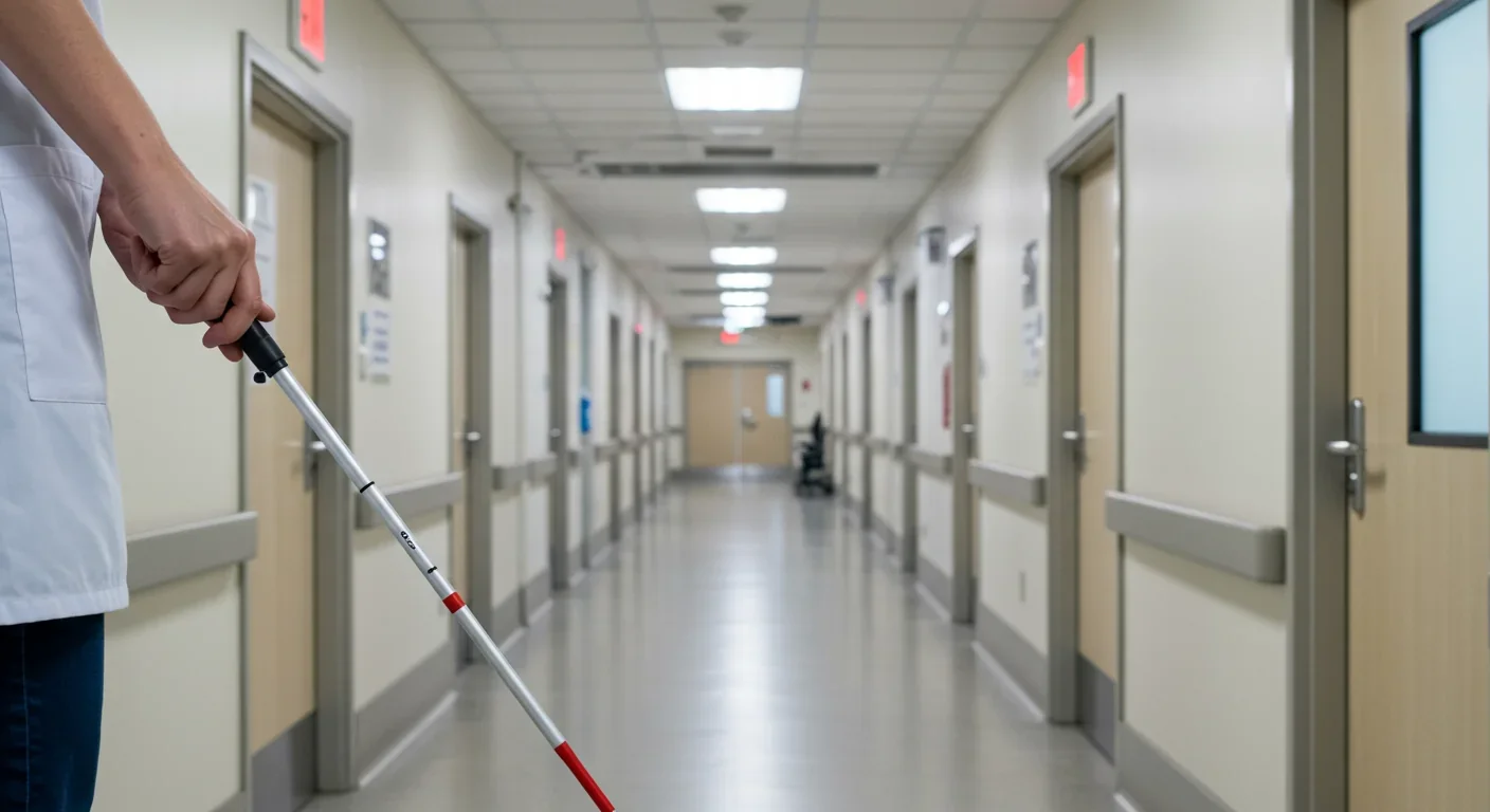 Patient perspective showing ability to navigate hallways independently after optogenetic therapy