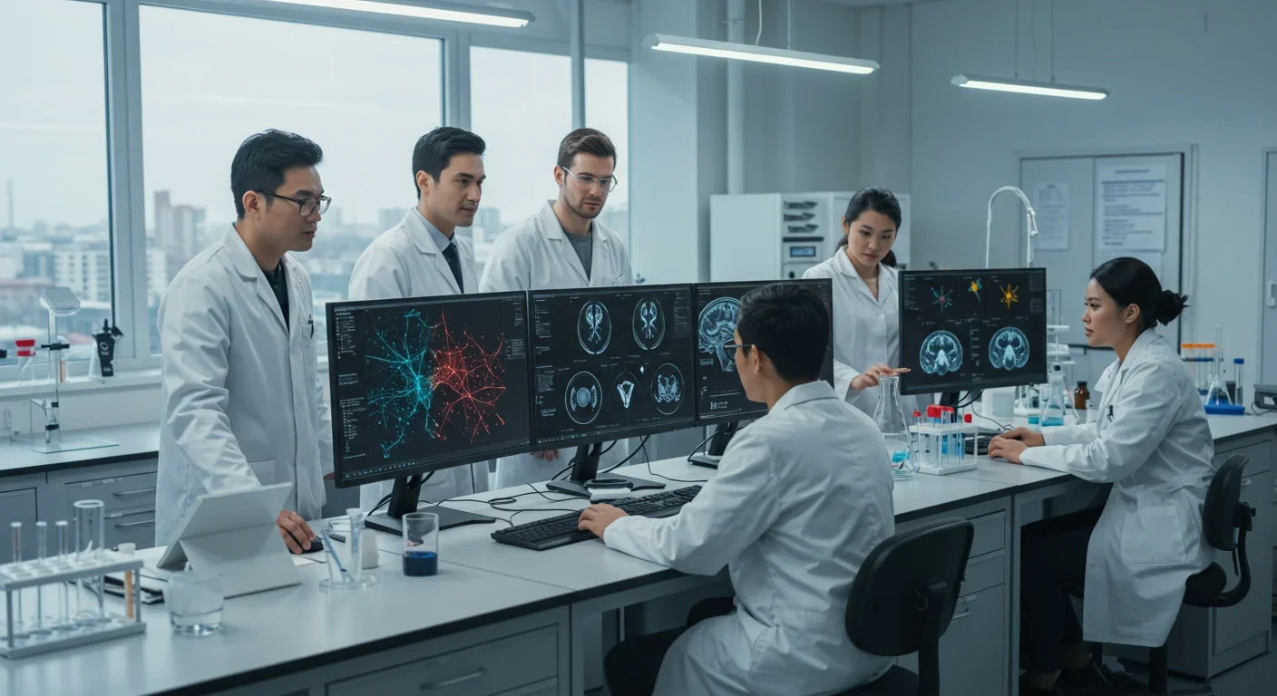 Research team analyzing neural network data and brain imaging in pharmaceutical laboratory