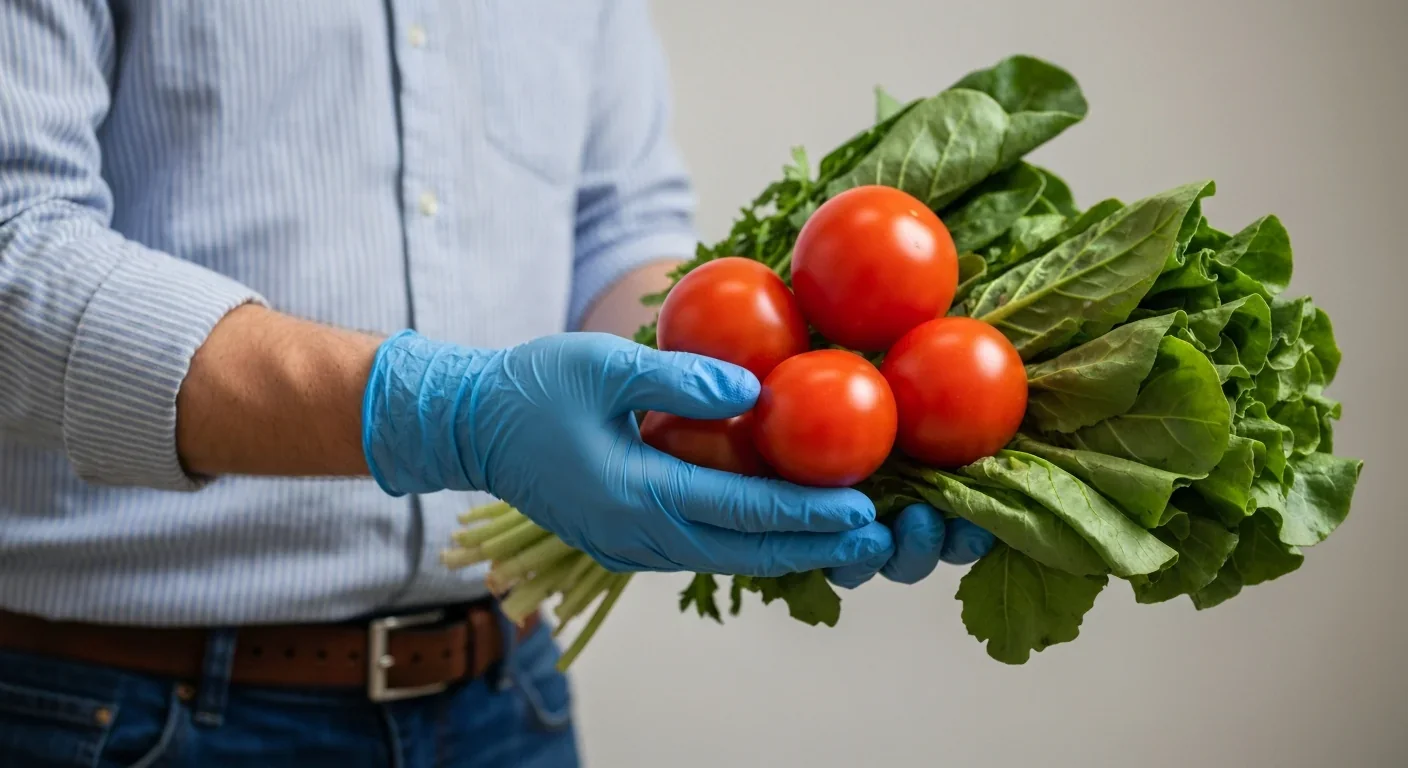 Hands in protective gloves holding fresh harvested vegetables