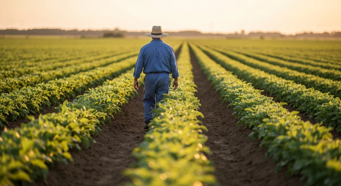 Farmworker walking through crop rows during golden hour